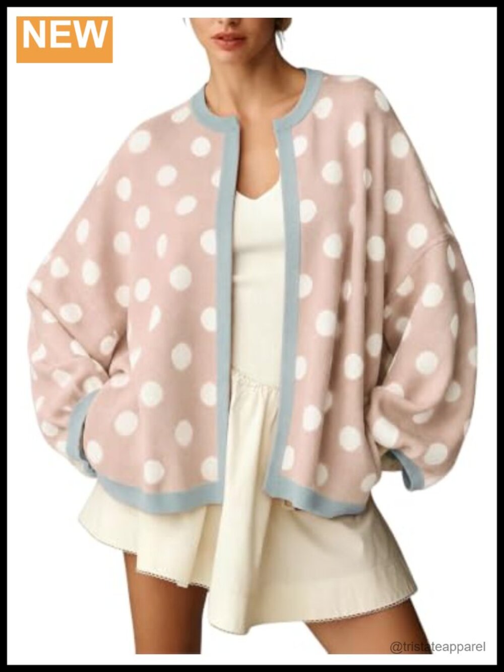 Wefebi Casual Loose Fit Polka Dot Balloon Sleeve Knit Cardigan